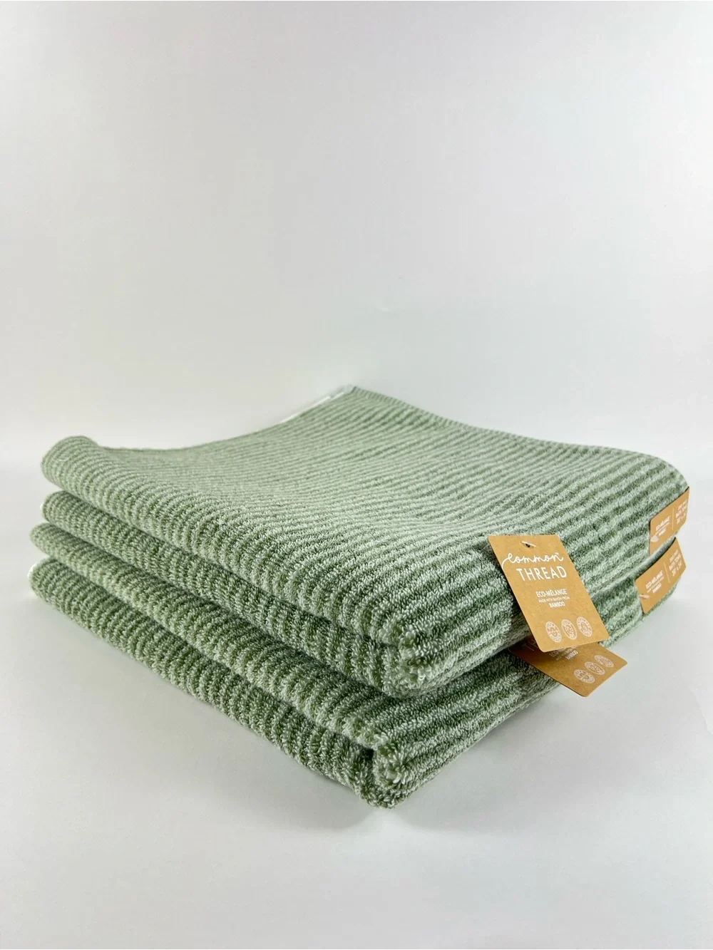 Common Thread 2 Pc Bamboo Bath Towels Green Striped Zero Twist Soft Cotton NEW